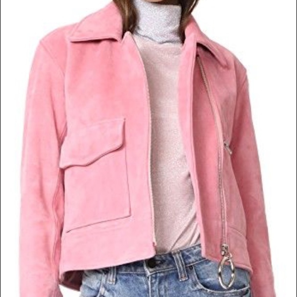 Rejina Pyo pink suede biker jacket